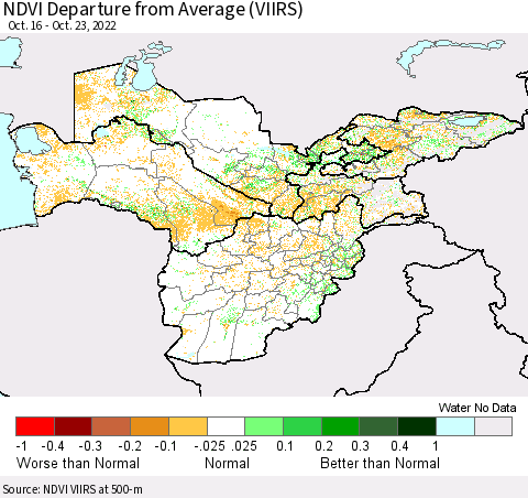 Central Asia NDVI Departure from Average (VIIRS) Thematic Map For 10/16/2022 - 10/23/2022