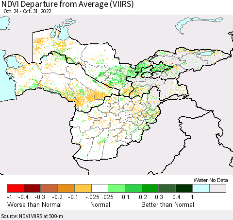 Central Asia NDVI Departure from Average (VIIRS) Thematic Map For 10/24/2022 - 10/31/2022
