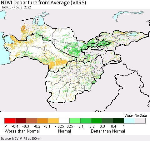 Central Asia NDVI Departure from Average (VIIRS) Thematic Map For 11/1/2022 - 11/8/2022