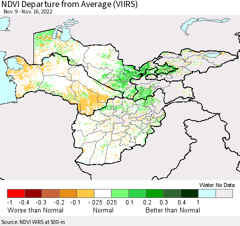 Central Asia NDVI Departure from Average (VIIRS) Thematic Map For 11/9/2022 - 11/16/2022