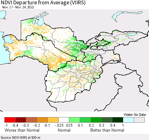 Central Asia NDVI Departure from Average (VIIRS) Thematic Map For 11/17/2022 - 11/24/2022
