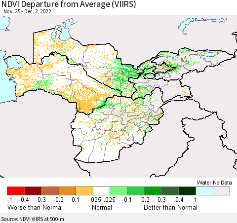 Central Asia NDVI Departure from Average (VIIRS) Thematic Map For 11/25/2022 - 12/2/2022