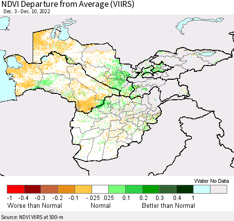 Central Asia NDVI Departure from Average (VIIRS) Thematic Map For 12/3/2022 - 12/10/2022