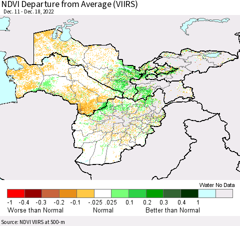 Central Asia NDVI Departure from Average (VIIRS) Thematic Map For 12/11/2022 - 12/18/2022