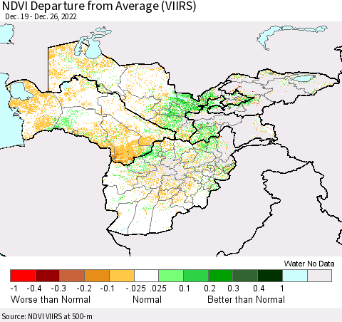 Central Asia NDVI Departure from Average (VIIRS) Thematic Map For 12/19/2022 - 12/26/2022