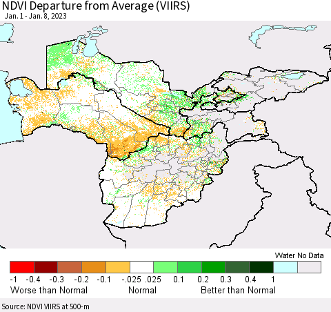 Central Asia NDVI Departure from Average (VIIRS) Thematic Map For 1/1/2023 - 1/8/2023