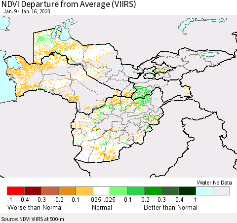 Central Asia NDVI Departure from Average (VIIRS) Thematic Map For 1/9/2023 - 1/16/2023