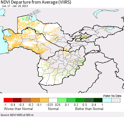 Central Asia NDVI Departure from Average (VIIRS) Thematic Map For 1/17/2023 - 1/24/2023