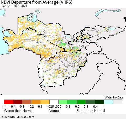 Central Asia NDVI Departure from Average (VIIRS) Thematic Map For 1/25/2023 - 2/1/2023