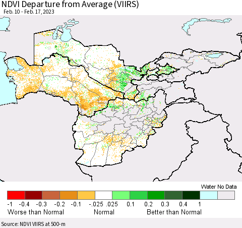 Central Asia NDVI Departure from Average (VIIRS) Thematic Map For 2/10/2023 - 2/17/2023