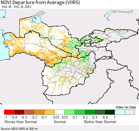 Central Asia NDVI Departure from Average (VIIRS) Thematic Map For 2/18/2023 - 2/25/2023