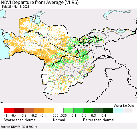 Central Asia NDVI Departure from Average (VIIRS) Thematic Map For 2/26/2023 - 3/5/2023