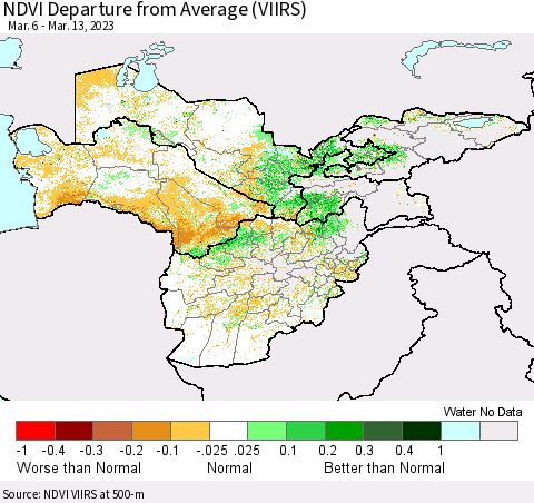 Central Asia NDVI Departure from Average (VIIRS) Thematic Map For 3/6/2023 - 3/13/2023