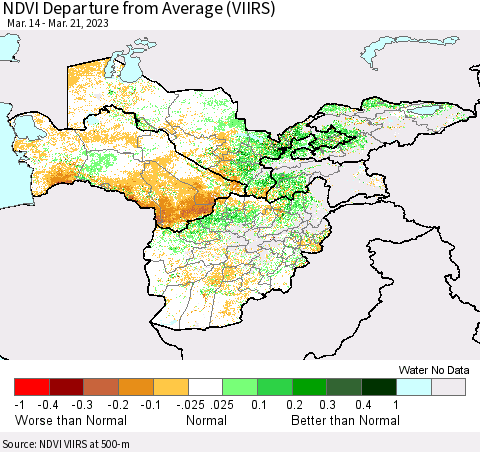 Central Asia NDVI Departure from Average (VIIRS) Thematic Map For 3/14/2023 - 3/21/2023