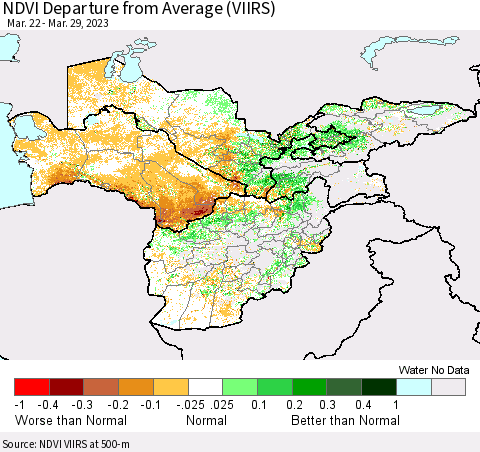 Central Asia NDVI Departure from Average (VIIRS) Thematic Map For 3/22/2023 - 3/29/2023