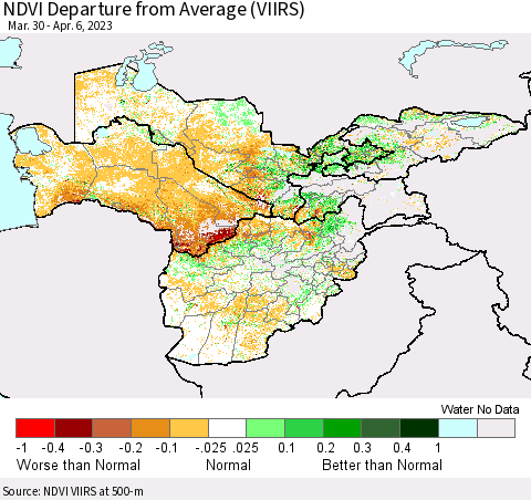Central Asia NDVI Departure from Average (VIIRS) Thematic Map For 3/30/2023 - 4/6/2023