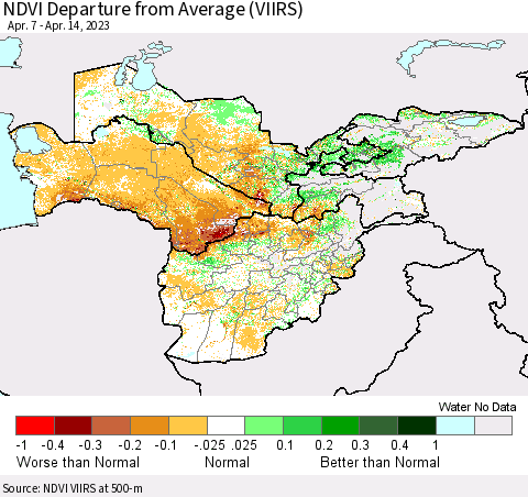 Central Asia NDVI Departure from Average (VIIRS) Thematic Map For 4/7/2023 - 4/14/2023