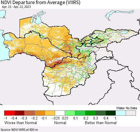 Central Asia NDVI Departure from Average (VIIRS) Thematic Map For 4/15/2023 - 4/22/2023