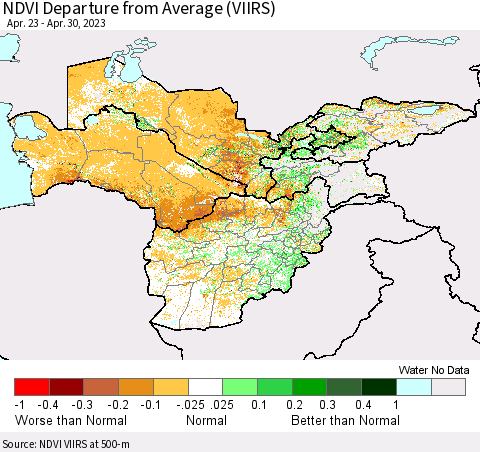 Central Asia NDVI Departure from Average (VIIRS) Thematic Map For 4/23/2023 - 4/30/2023
