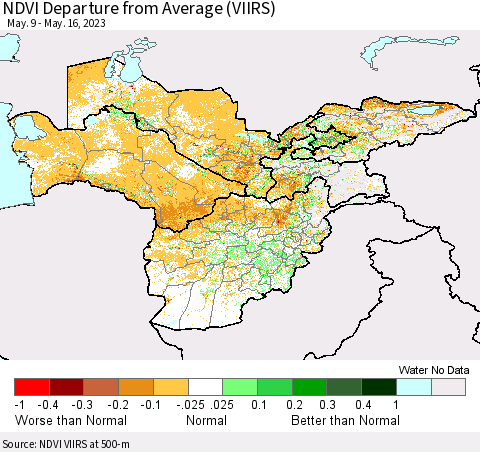 Central Asia NDVI Departure from Average (VIIRS) Thematic Map For 5/9/2023 - 5/16/2023