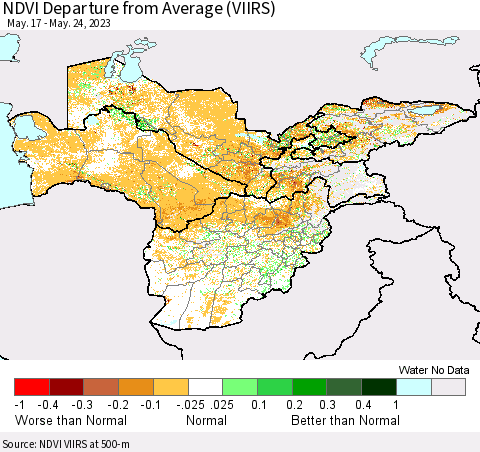 Central Asia NDVI Departure from Average (VIIRS) Thematic Map For 5/17/2023 - 5/24/2023