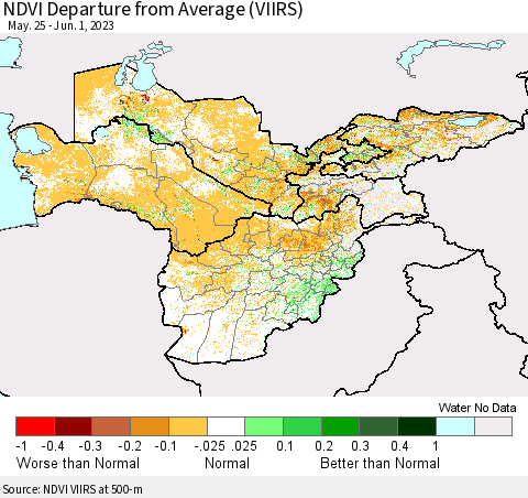Central Asia NDVI Departure from Average (VIIRS) Thematic Map For 5/25/2023 - 6/1/2023