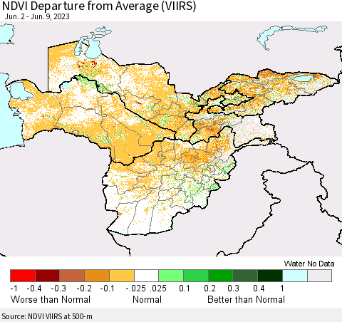 Central Asia NDVI Departure from Average (VIIRS) Thematic Map For 6/2/2023 - 6/9/2023
