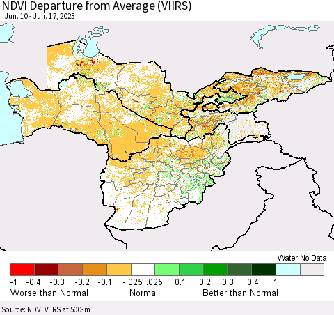 Central Asia NDVI Departure from Average (VIIRS) Thematic Map For 6/10/2023 - 6/17/2023