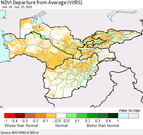 Central Asia NDVI Departure from Average (VIIRS) Thematic Map For 6/18/2023 - 6/25/2023