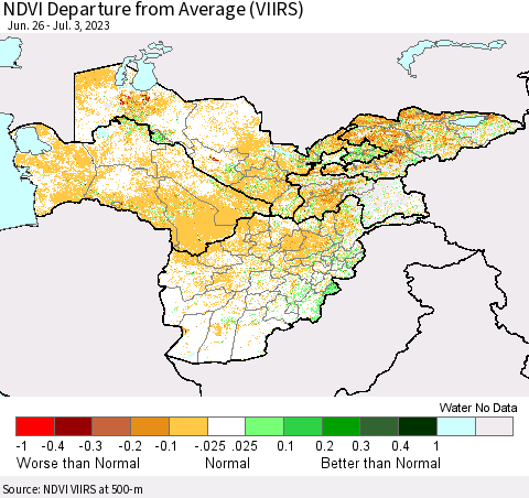 Central Asia NDVI Departure from Average (VIIRS) Thematic Map For 6/26/2023 - 7/3/2023