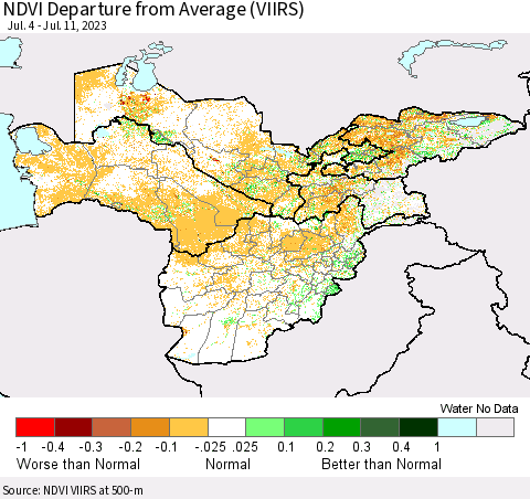 Central Asia NDVI Departure from Average (VIIRS) Thematic Map For 7/4/2023 - 7/11/2023