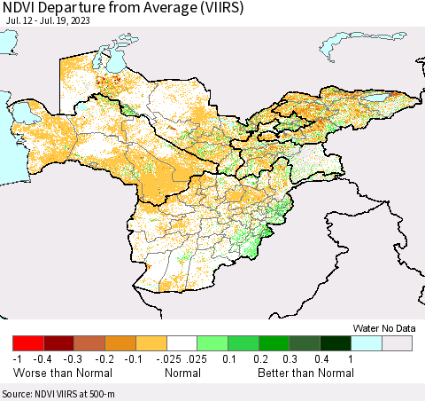 Central Asia NDVI Departure from Average (VIIRS) Thematic Map For 7/12/2023 - 7/19/2023
