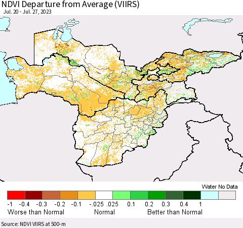 Central Asia NDVI Departure from Average (VIIRS) Thematic Map For 7/20/2023 - 7/27/2023