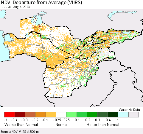 Central Asia NDVI Departure from Average (VIIRS) Thematic Map For 7/28/2023 - 8/4/2023