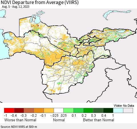 Central Asia NDVI Departure from Average (VIIRS) Thematic Map For 8/5/2023 - 8/12/2023
