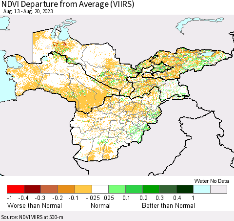 Central Asia NDVI Departure from Average (VIIRS) Thematic Map For 8/13/2023 - 8/20/2023
