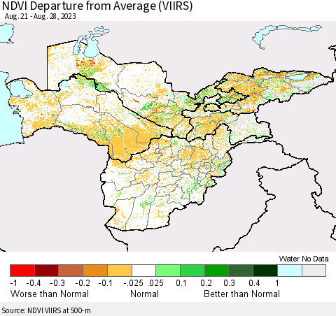 Central Asia NDVI Departure from Average (VIIRS) Thematic Map For 8/21/2023 - 8/28/2023