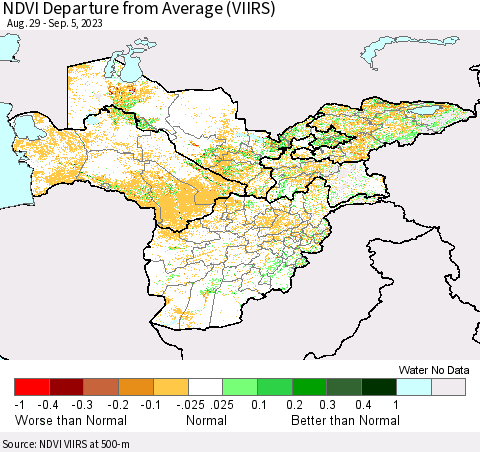 Central Asia NDVI Departure from Average (VIIRS) Thematic Map For 8/29/2023 - 9/5/2023