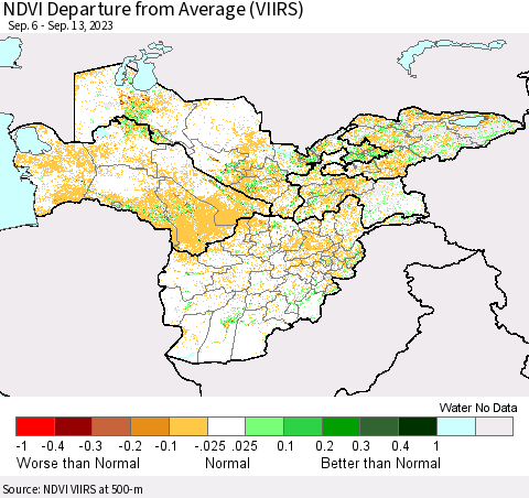 Central Asia NDVI Departure from Average (VIIRS) Thematic Map For 9/6/2023 - 9/13/2023