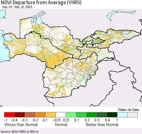 Central Asia NDVI Departure from Average (VIIRS) Thematic Map For 9/14/2023 - 9/21/2023
