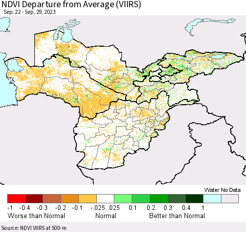 Central Asia NDVI Departure from Average (VIIRS) Thematic Map For 9/22/2023 - 9/29/2023
