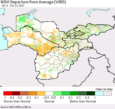 Central Asia NDVI Departure from Average (VIIRS) Thematic Map For 10/8/2023 - 10/15/2023