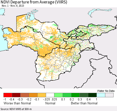 Central Asia NDVI Departure from Average (VIIRS) Thematic Map For 11/1/2023 - 11/8/2023