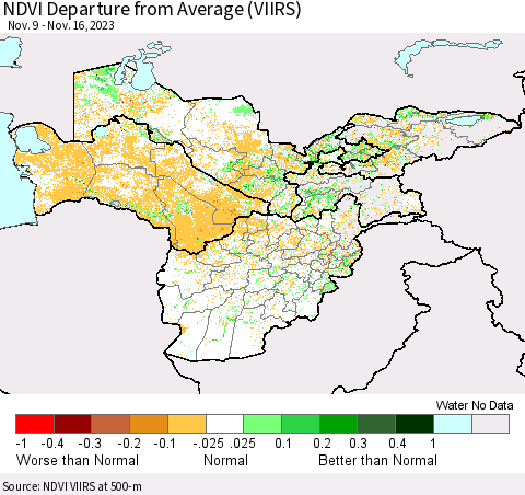 Central Asia NDVI Departure from Average (VIIRS) Thematic Map For 11/9/2023 - 11/16/2023
