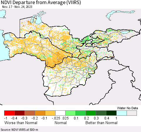 Central Asia NDVI Departure from Average (VIIRS) Thematic Map For 11/17/2023 - 11/24/2023