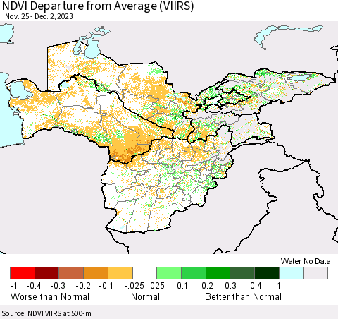 Central Asia NDVI Departure from Average (VIIRS) Thematic Map For 11/25/2023 - 12/2/2023