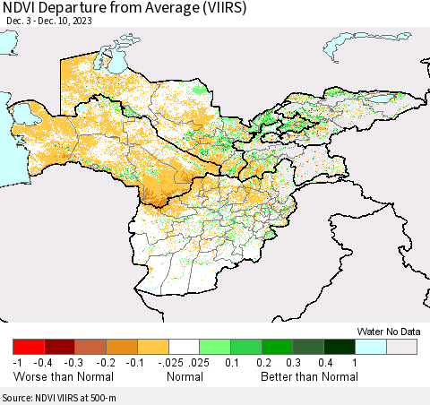 Central Asia NDVI Departure from Average (VIIRS) Thematic Map For 12/3/2023 - 12/10/2023