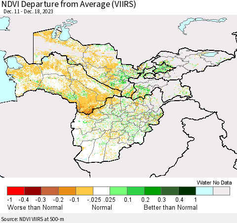 Central Asia NDVI Departure from Average (VIIRS) Thematic Map For 12/11/2023 - 12/18/2023