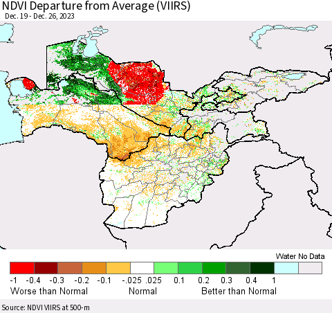 Central Asia NDVI Departure from Average (VIIRS) Thematic Map For 12/19/2023 - 12/26/2023