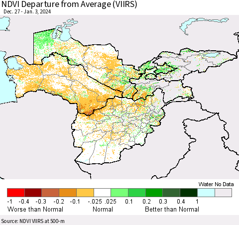 Central Asia NDVI Departure from Average (VIIRS) Thematic Map For 12/27/2023 - 1/3/2024